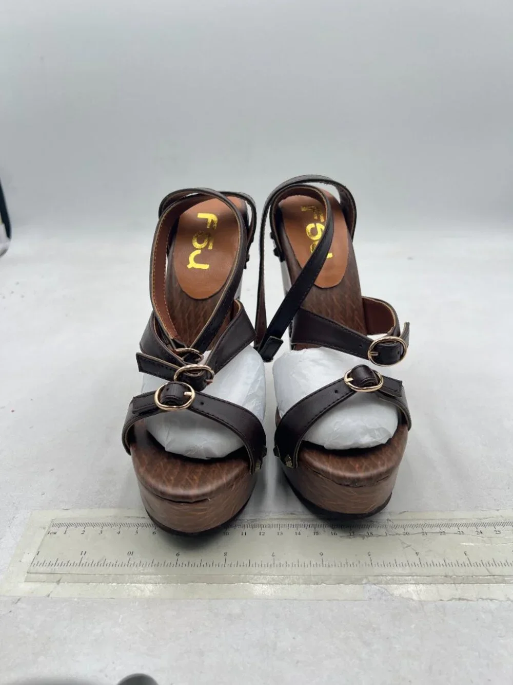 FSJ Brown Open Toe Triple Buckle Straps Clog Heels Studded Platform Sandals